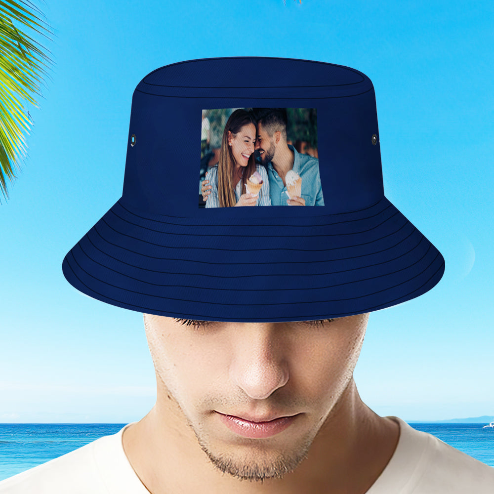 Close-up of brim edge and stitching on personalised bucket hat — durable custom photo fisherman cap with clear, long-lasting print