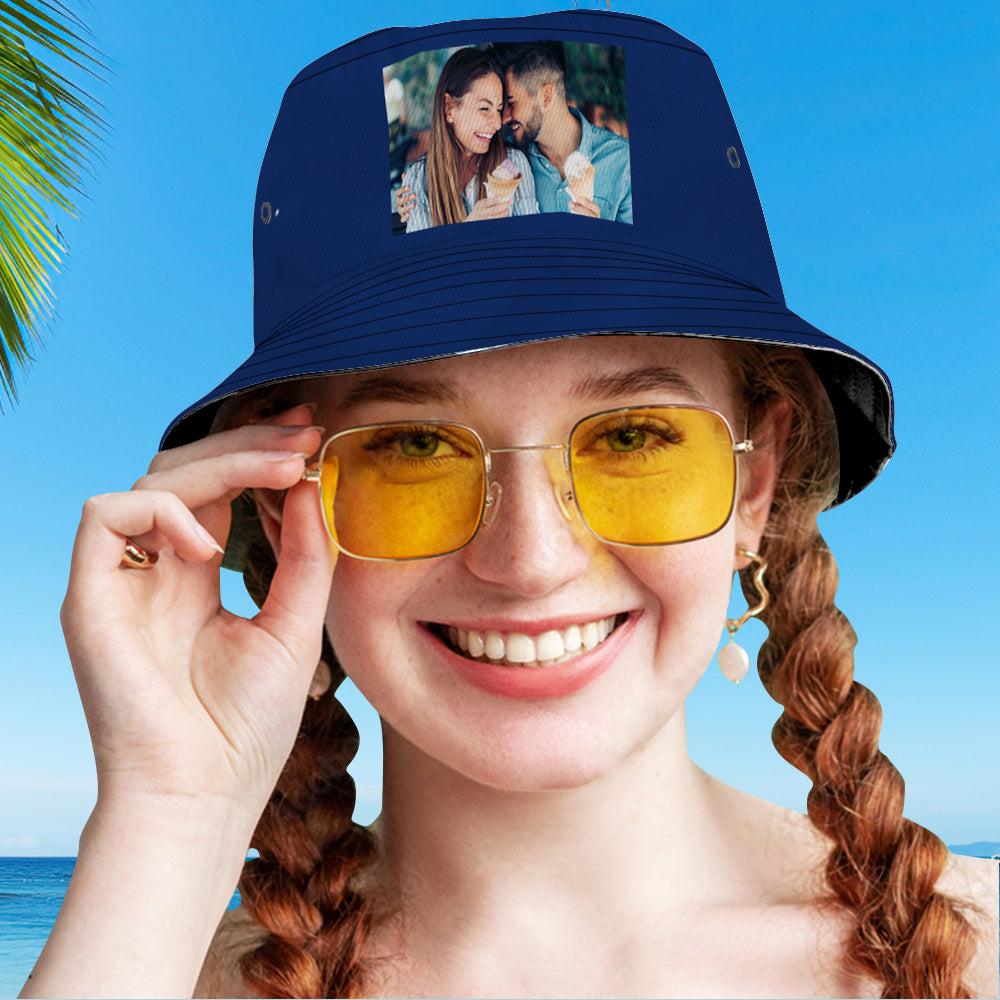 Model wearing personalised custom photo bucket hat outdoors — stylish sun protection and a memorable personalised gift idea