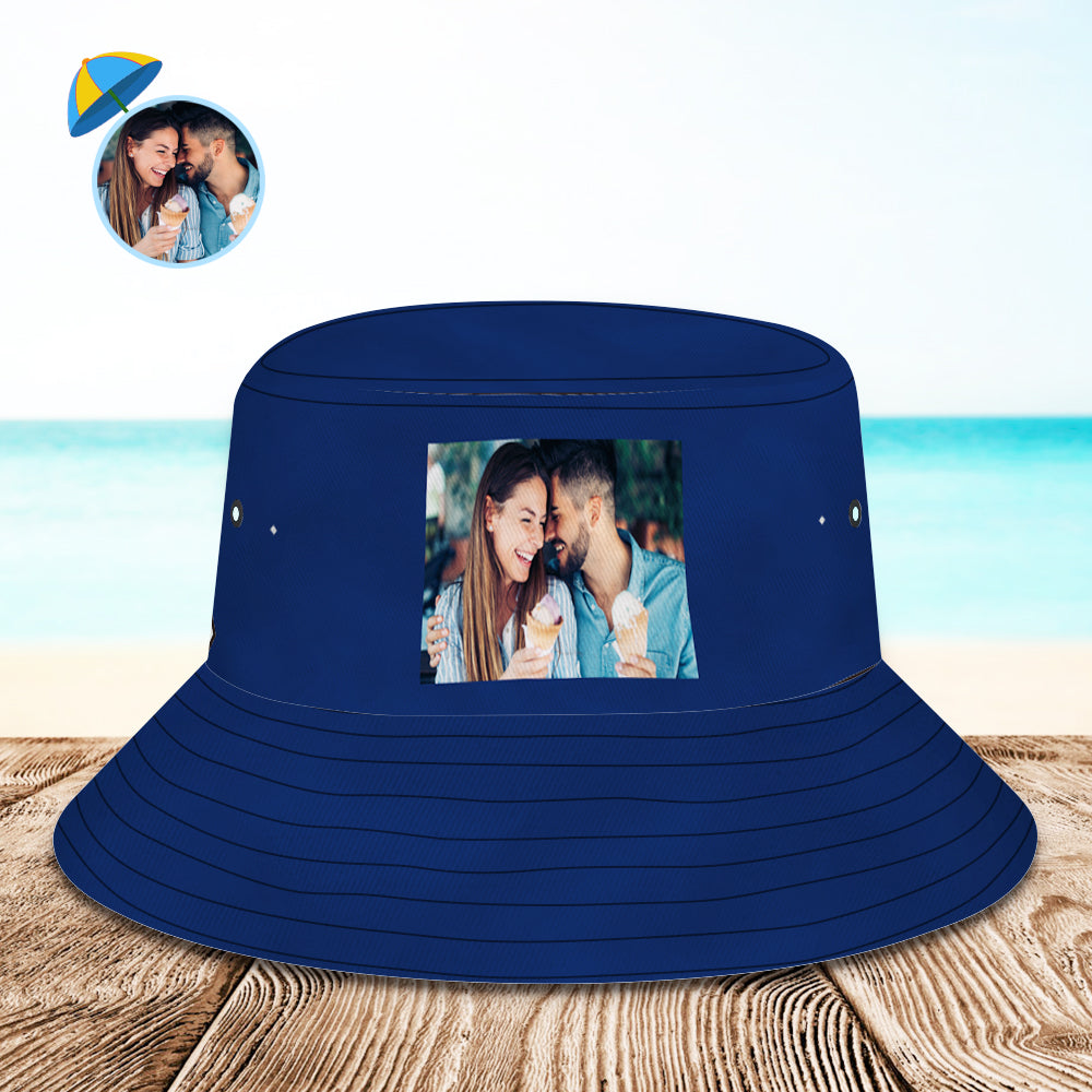 Flat-lay of personalised photo bucket hat highlighting foldable brim and lightweight polyester material — travel-friendly personalised hat