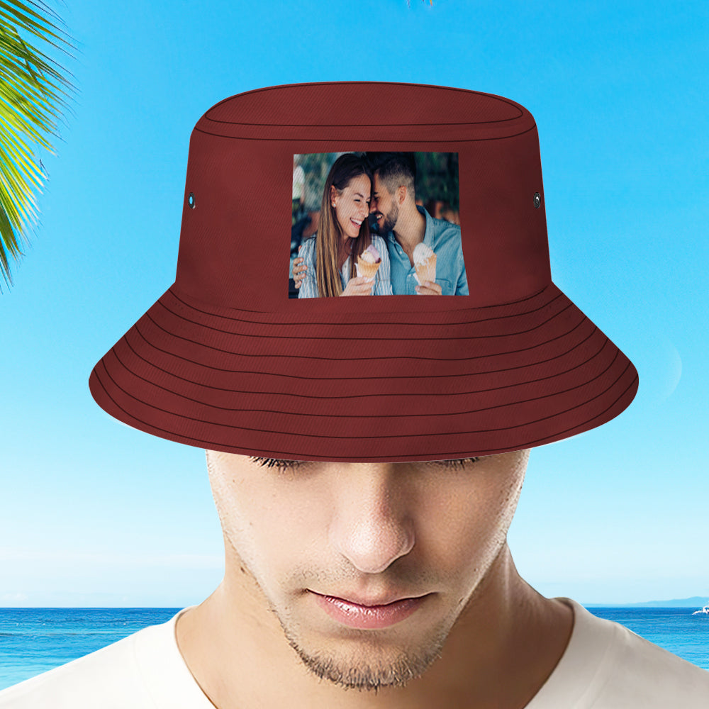 Side-by-side display of personalised photo bucket hat showing front and side views — versatile foldable sun hat for travel and outdoor use