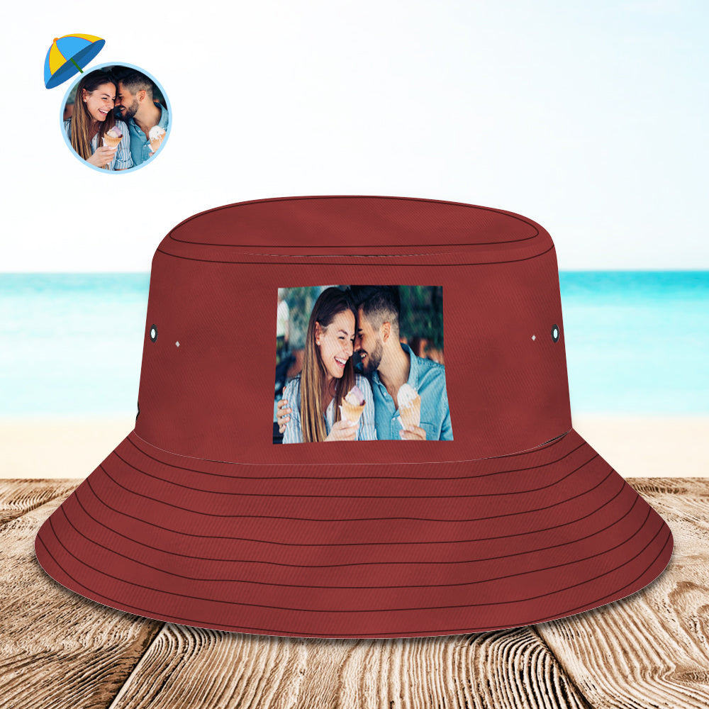 Stacked personalised bucket hats showing multiple print options — custom photo fisherman caps perfect for seasonal sales and gifts