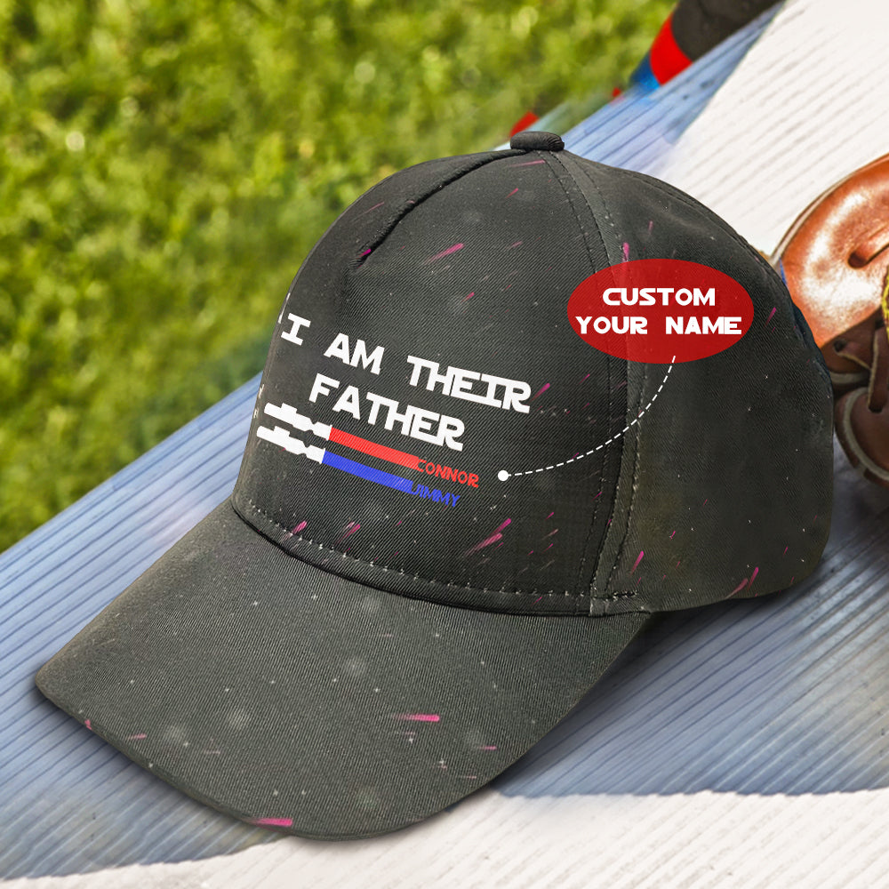 Close-up of adjustable strap and interior stitching on personalised 'I Am Their Father' cap showing quality finish and care tag
