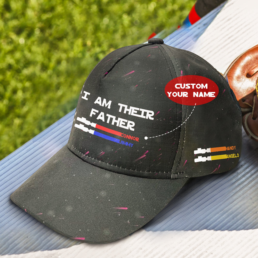 Side profile of dad wearing personalised lightsaber cap, showcasing casual fit, starry-sky print and bespoke name-labelled lightsabers