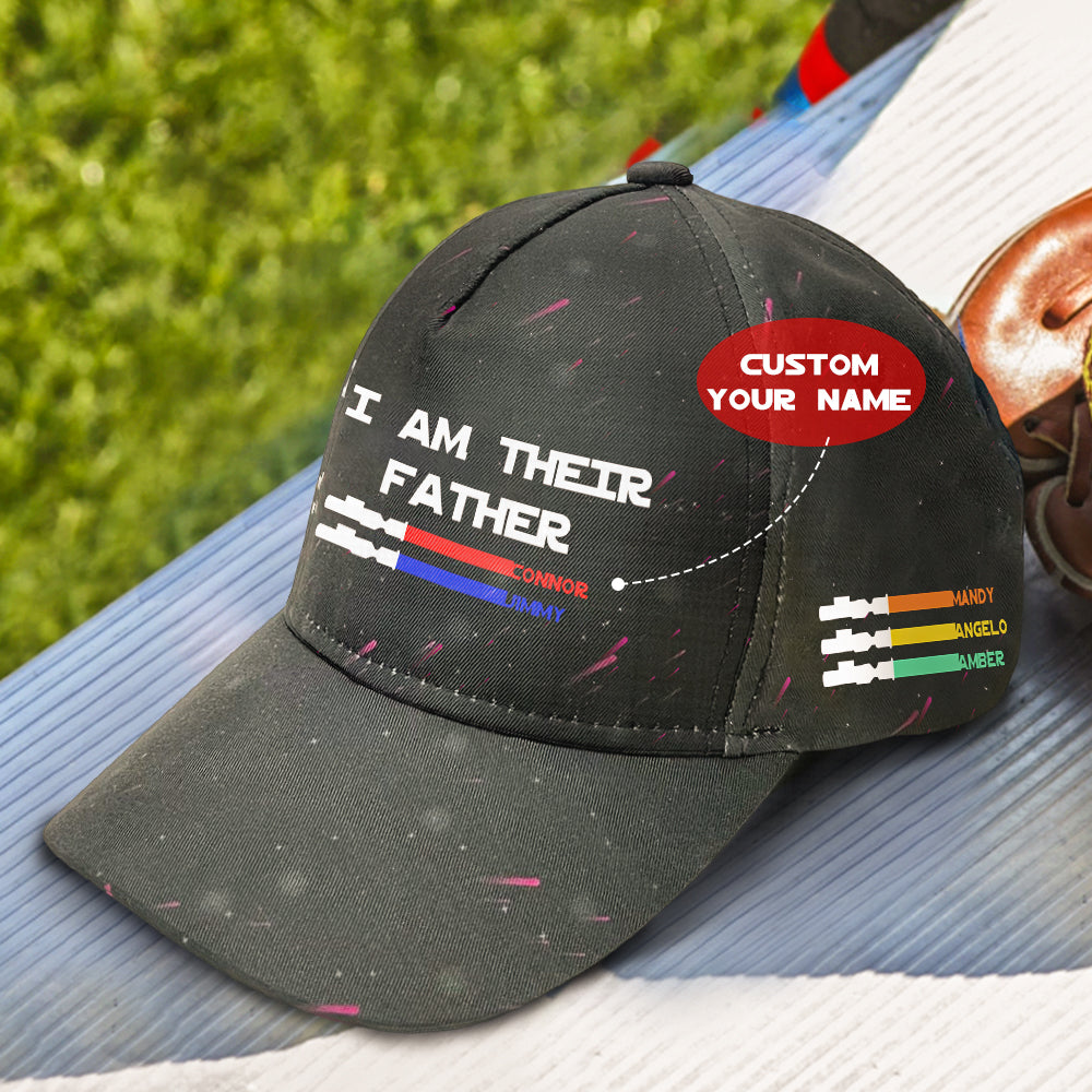 Detail shot of embroidered 'I Am Their Father' text on starry-sky baseball cap, crisp lettering and contrast stitching for a premium look