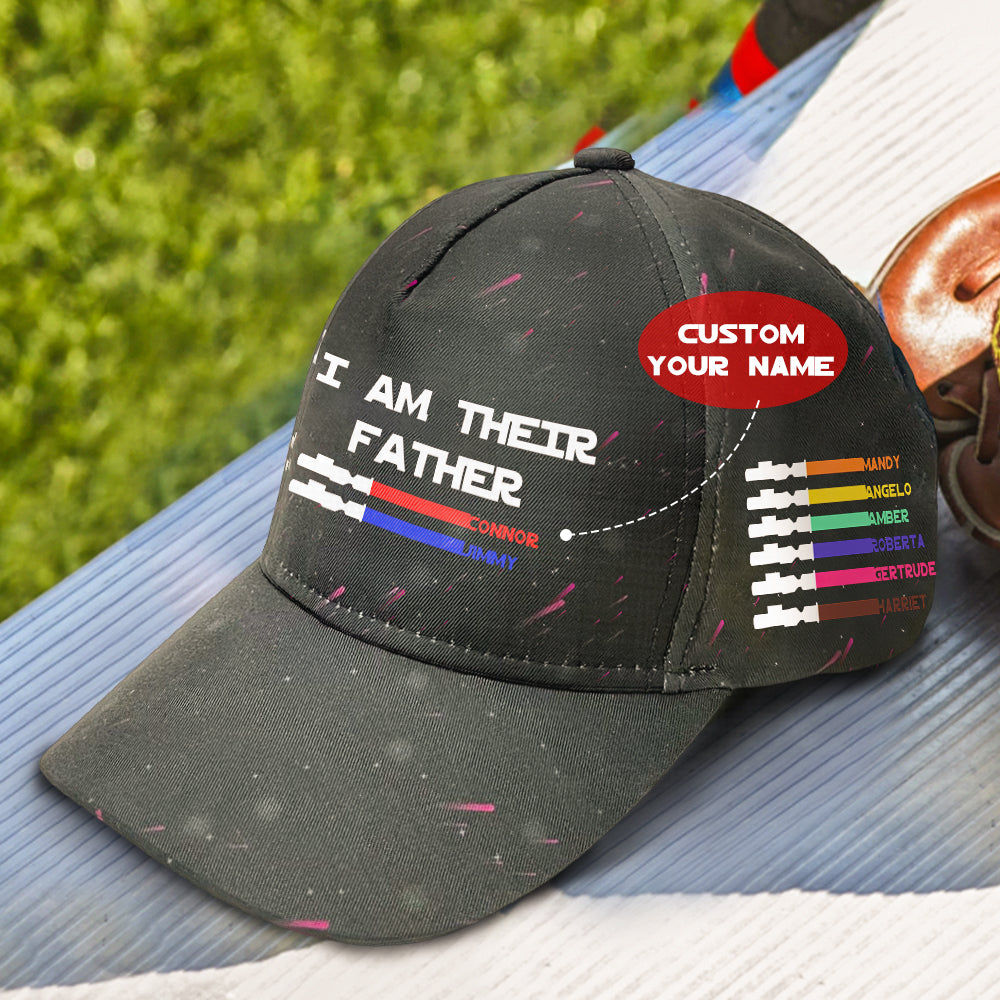 Close detail of a custom name printed beside a coloured lightsaber motif on the cap, demonstrating legible typography and vivid colours