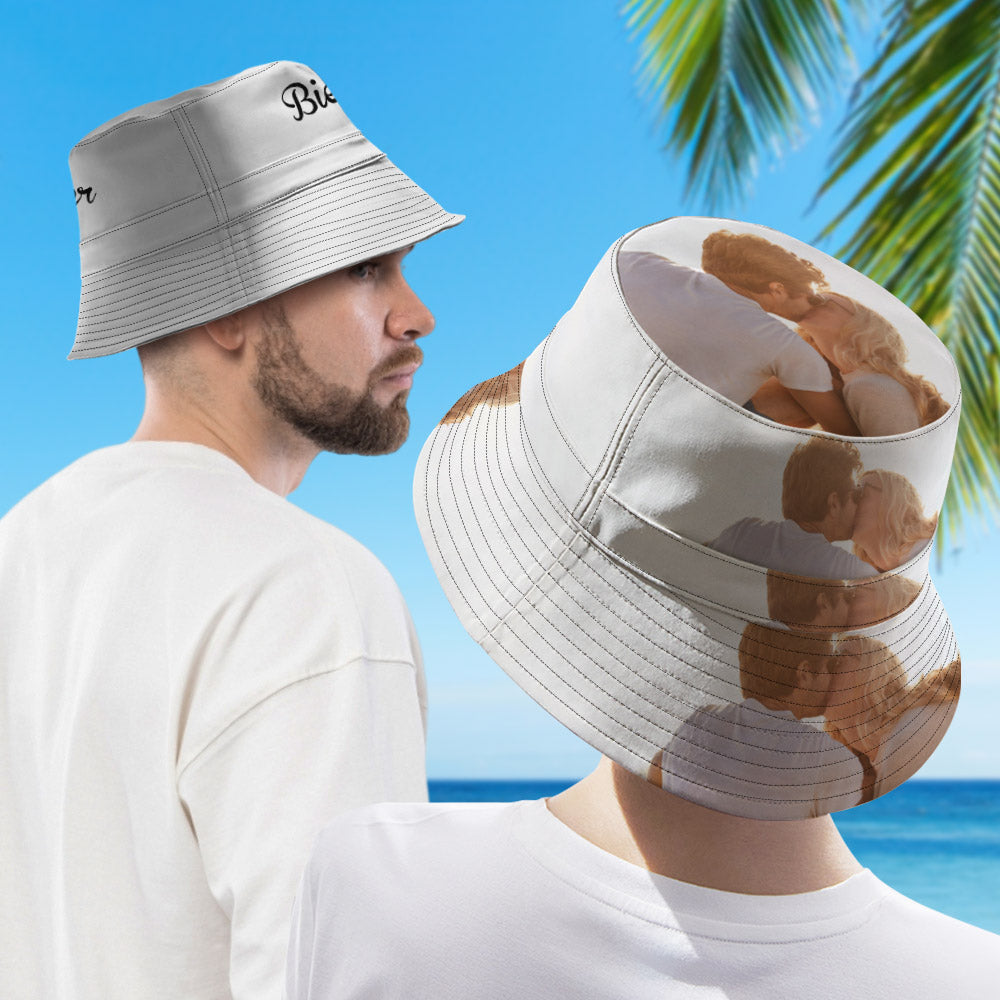 Custom reversible bucket hat close-up showing reverse side contrast print breathable polyester lightweight and foldable for travel