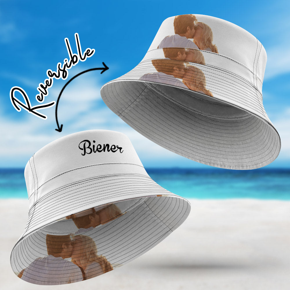 Custom reversible bucket hat front view double-sided polyester packable beach and fisherman sun hat with UV protection personalised option