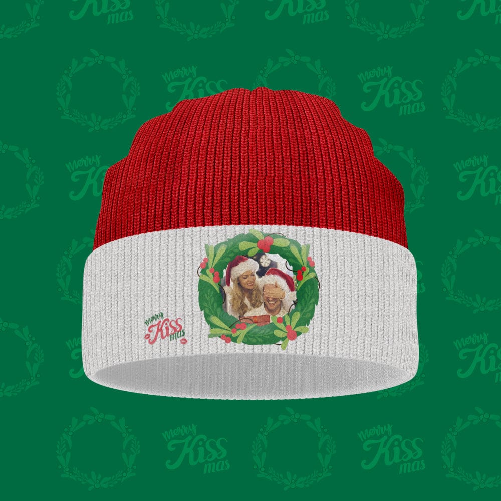 Model wearing personalised knitted mistletoe beanie showing cosy fit and ear coverage — unisex