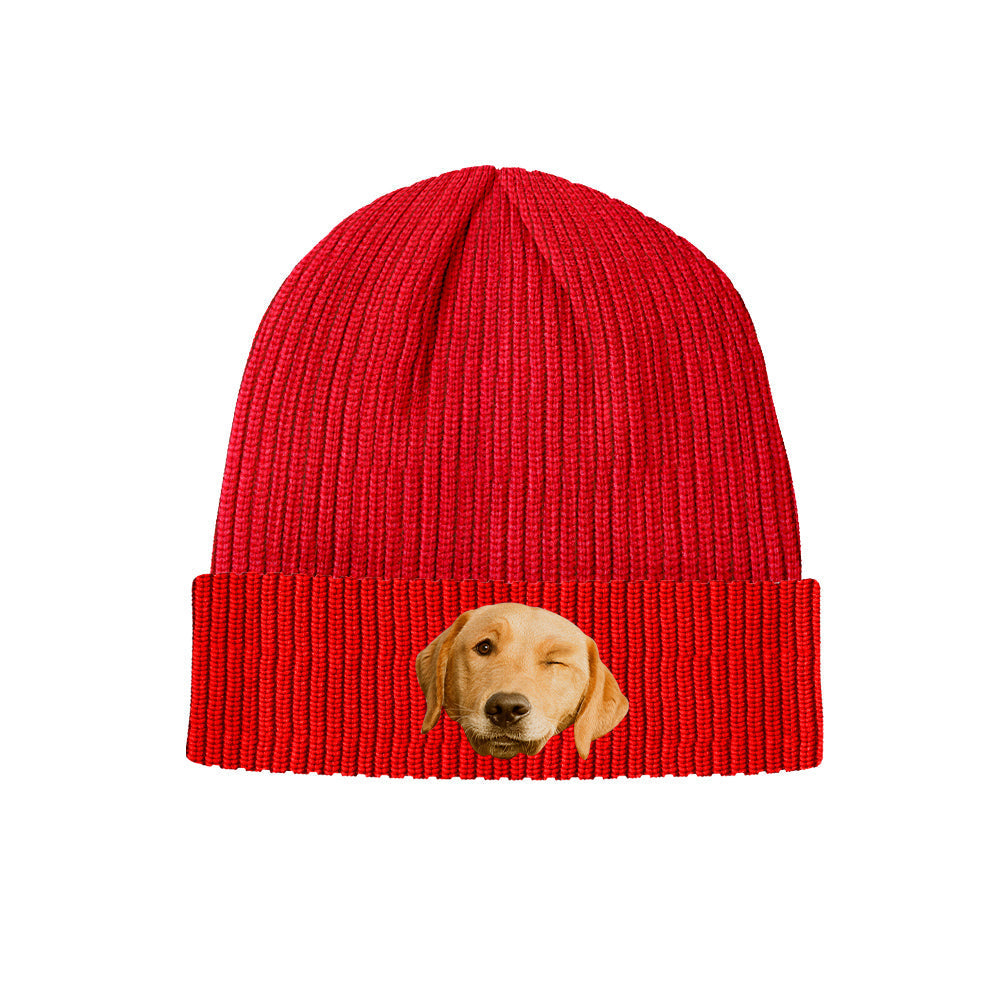 Photo beanie flat-lay showing knitted texture and custom face print, unisex winter accessory, one-size-fits-most personalised hat