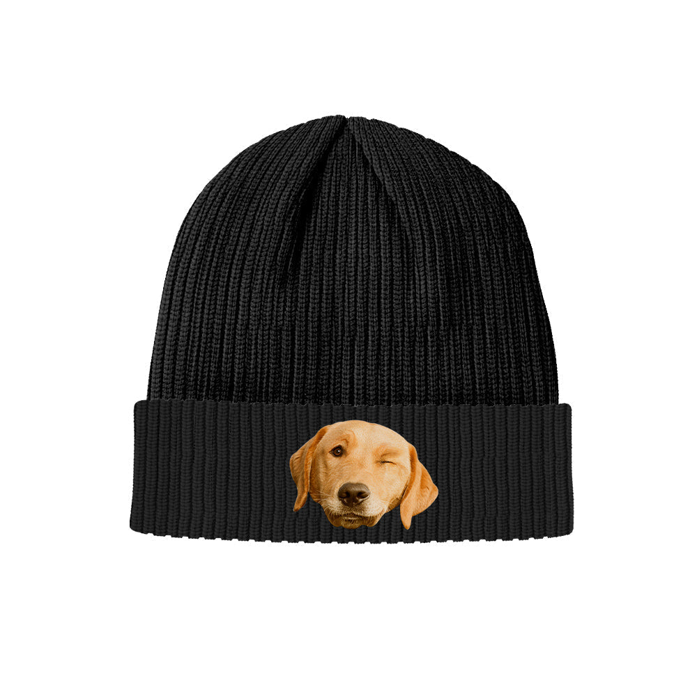 Unisex personalised photo beanie worn outdoors — stretchy acrylic keeps ears warm for walking, skiing and everyday wear