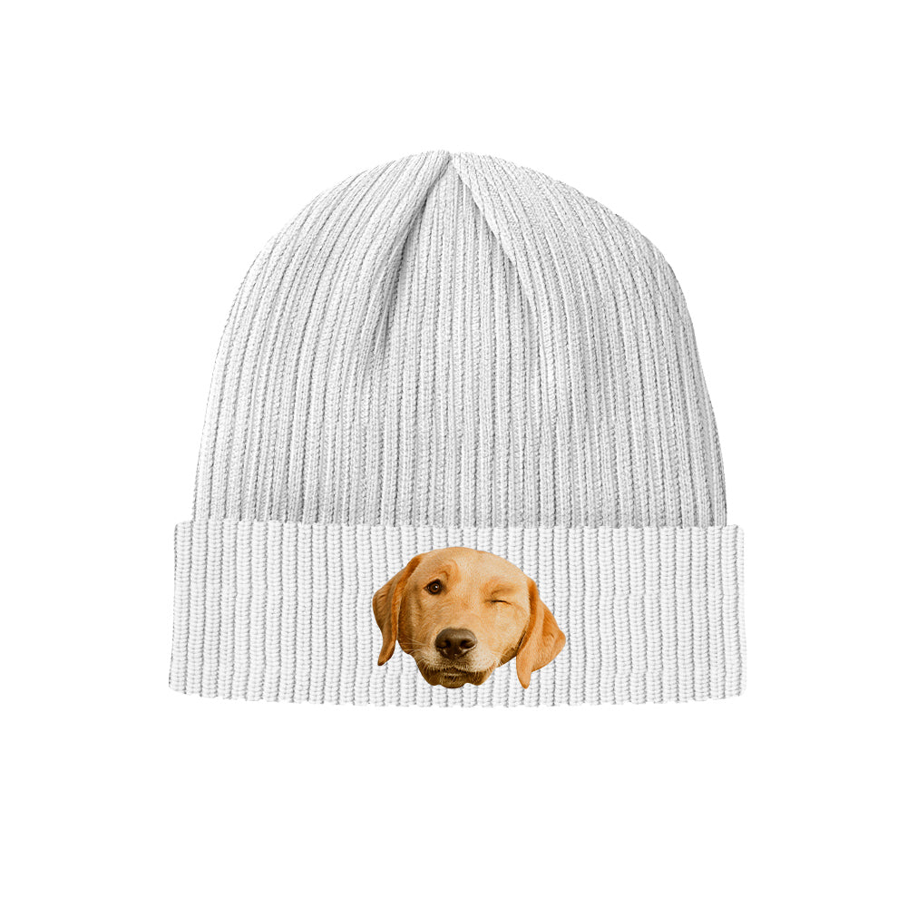 Close-up of knitted acrylic fabric and detailed personalised photo print on custom face beanie, soft and insulating winter hat