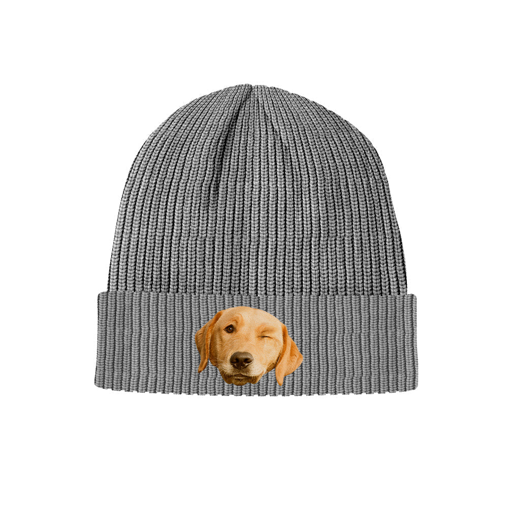 Personalised photo gift idea — custom face knitted hat presented as a thoughtful adult unisex beanie for birthdays and Christmas