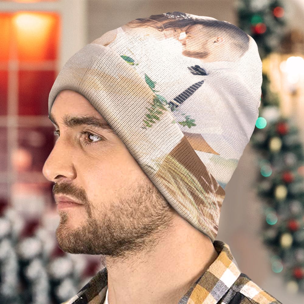 Close‑up of personalised photo print on custom beanie showing high‑resolution image and soft polyester finish on thermal elastic acrylic knit