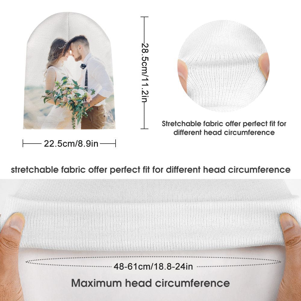 Model wearing personalised photo beanie outdoors – warm soft knit winter cap ideal for skiing, snowboarding and everyday cold weather