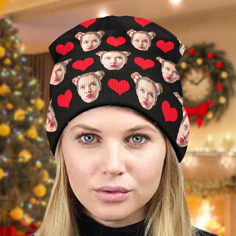 Personalised beanie variant A with bold photo print on soft stretch knit — cosy winter accessory for him or her