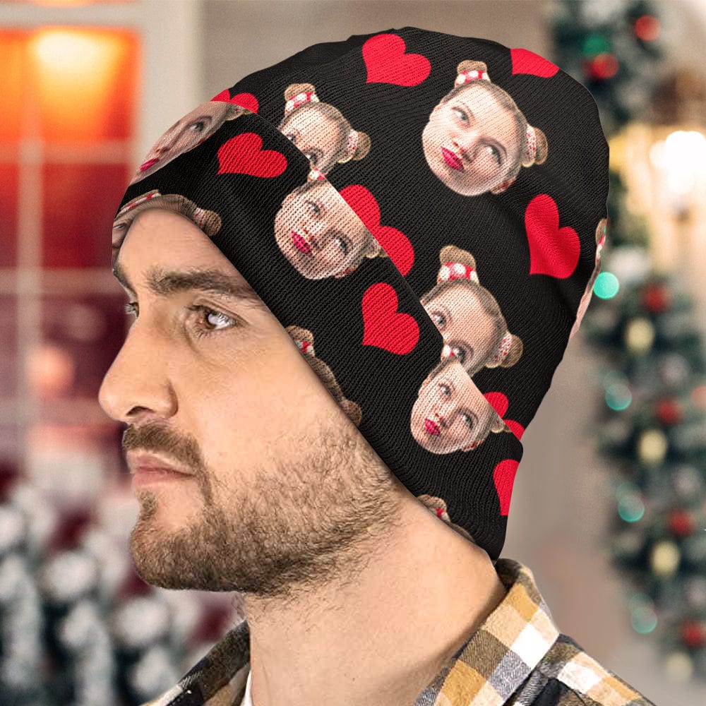 Side profile of personalised knit beanie A showing ear coverage and snug fit — warm personalised winter hat