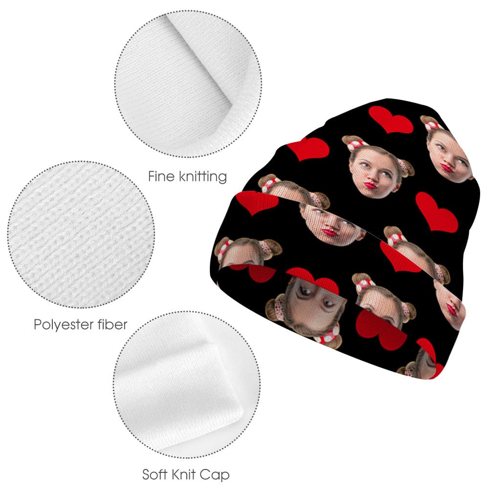 Model showing personalised photo beanie A in outdoor winter setting — practical personalised gift for family