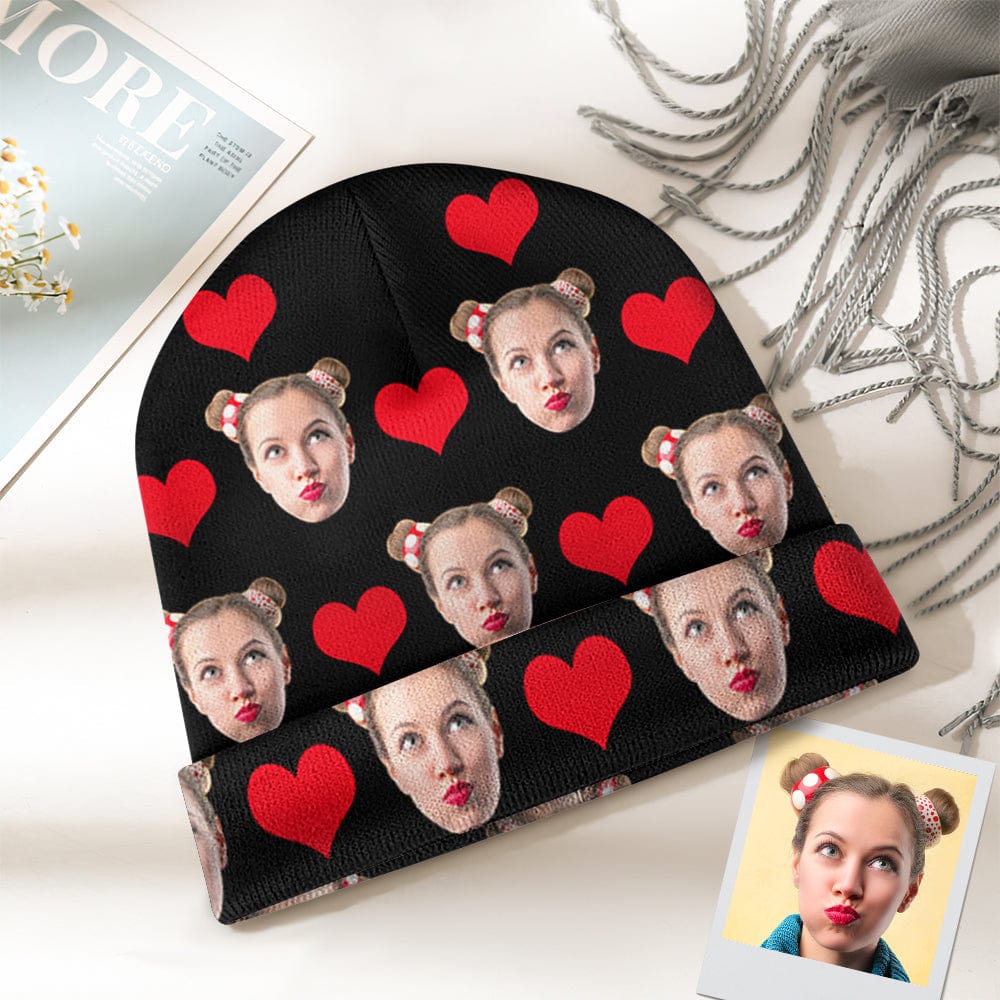 Custom face beanie displayed flat to show full personalised photo print — unique personalised gift idea