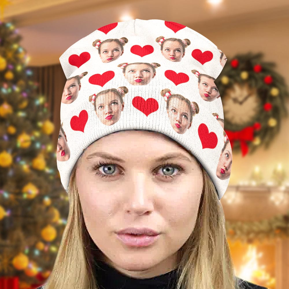 Side view of personalised photo beanie hat showing stretch knit and ear coverage — cosy personalised gift