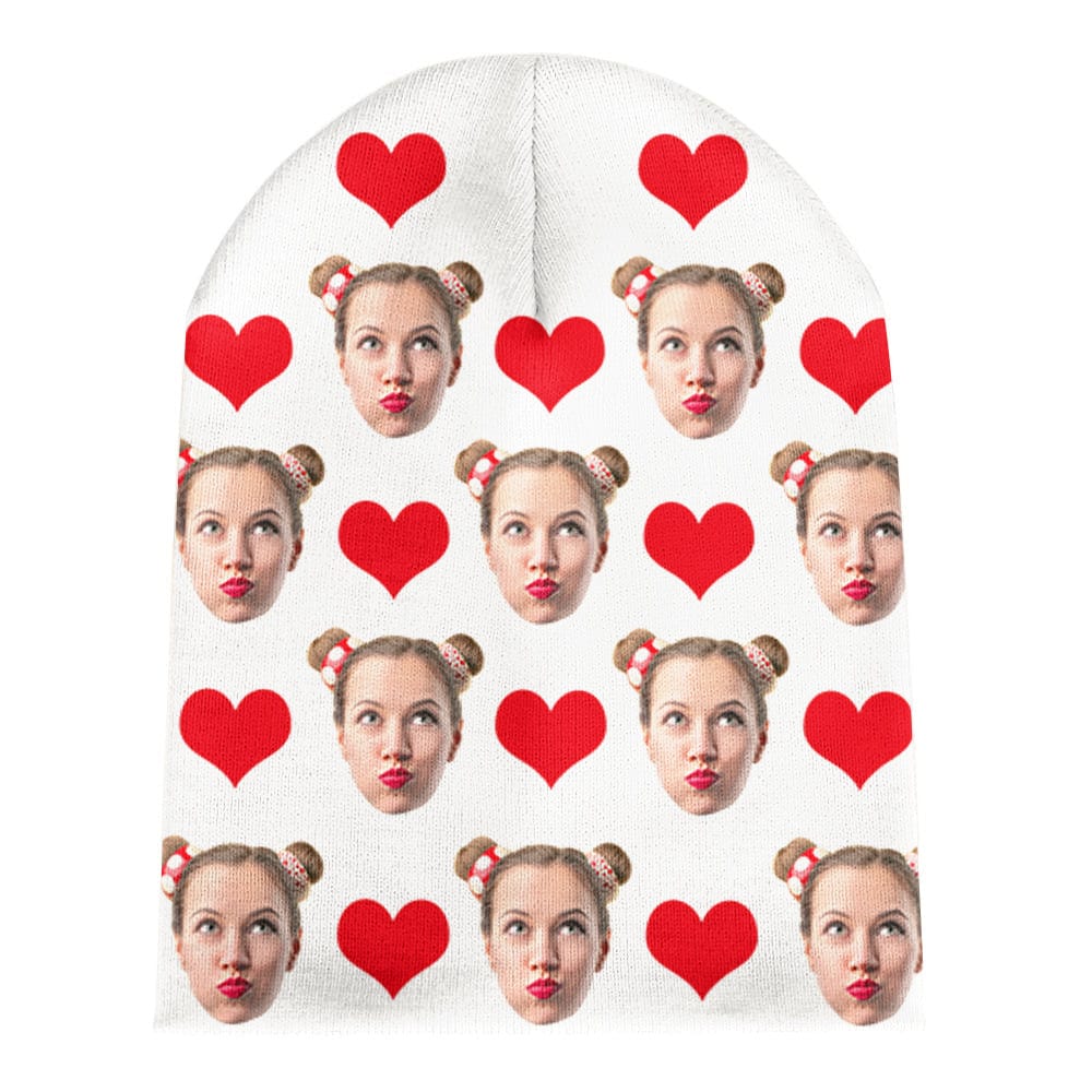 Folded custom face beanie displaying soft knit texture and durable stitching — ideal personalised winter cap