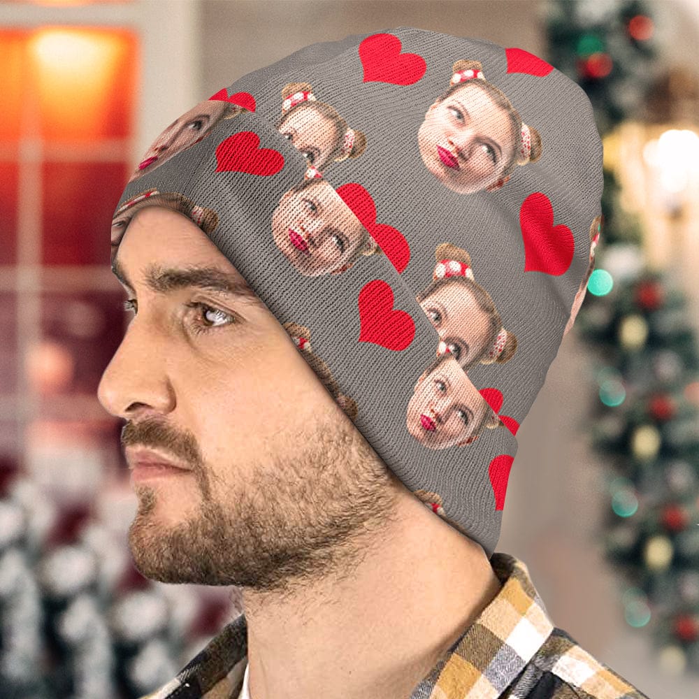 Close-up of personalised photo beanie C showing high-resolution print and stretchy acrylic knit