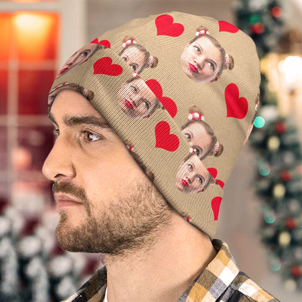 Close-up of beanie D print detail and elastic acrylic texture — high-quality personalised photo beanie