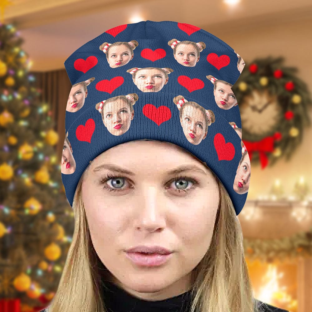 Flat display of personalised beanie E showing full custom face print and stretch knit finish — perfect photo beanie hat