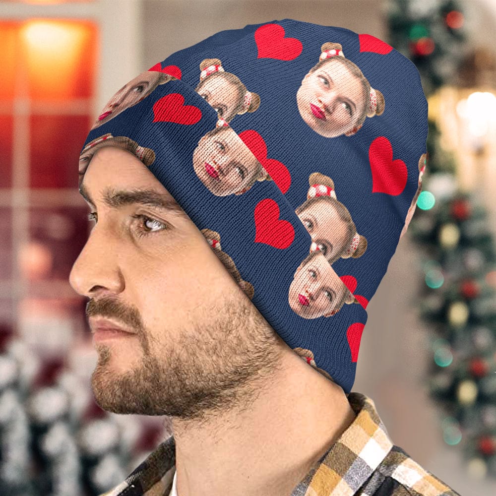Close-up of personalised beanie E showing photo clarity and stretch acrylic knit for warmth