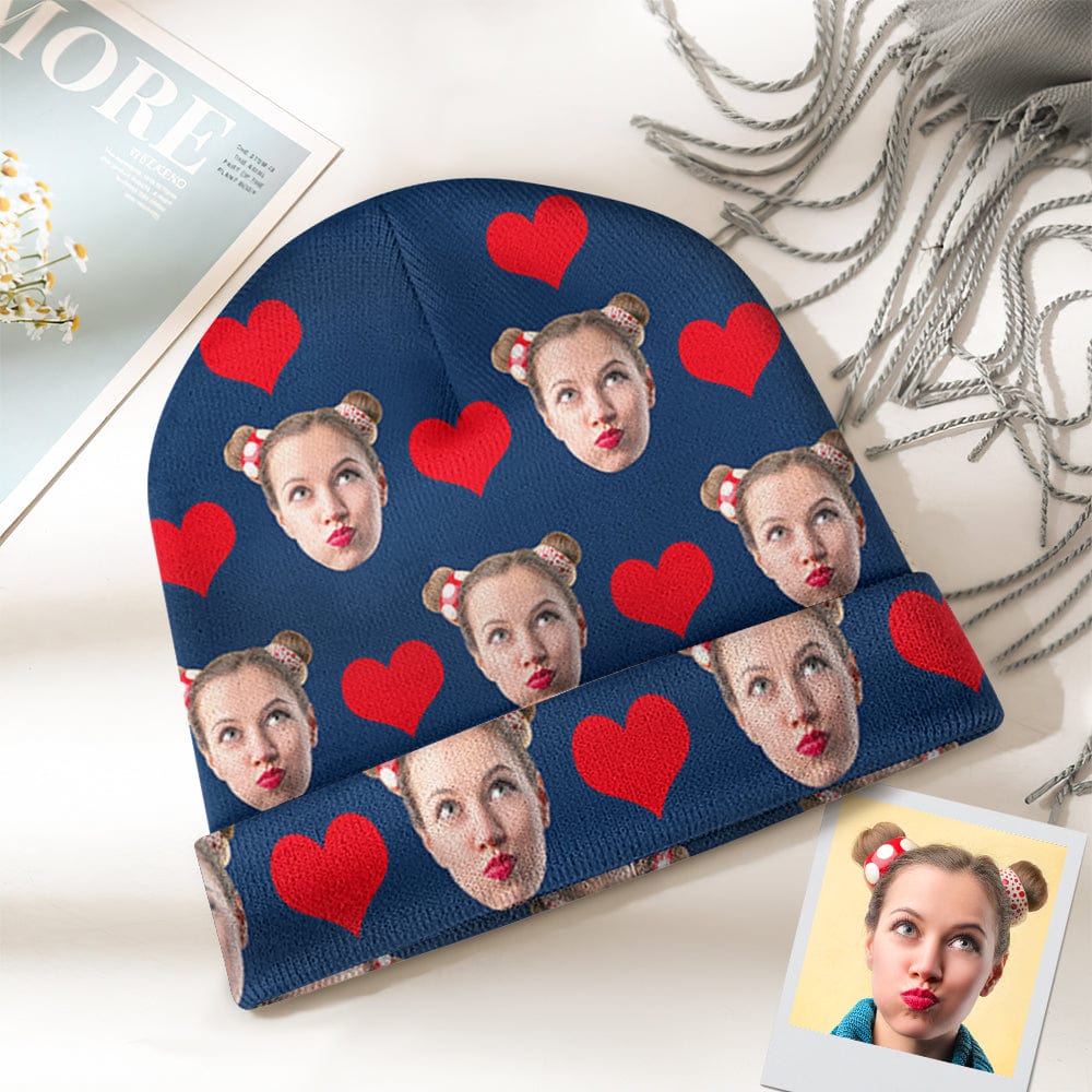 Flat-lay of personalised beanie D showing clear custom print and cosy fabric — great personalised winter present