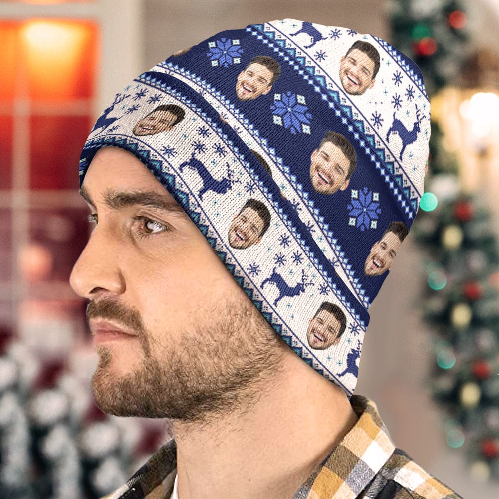 Front view of custom face beanie — personalised soft elastic acrylic knit hat for warmth, ideal personalised Christmas gift