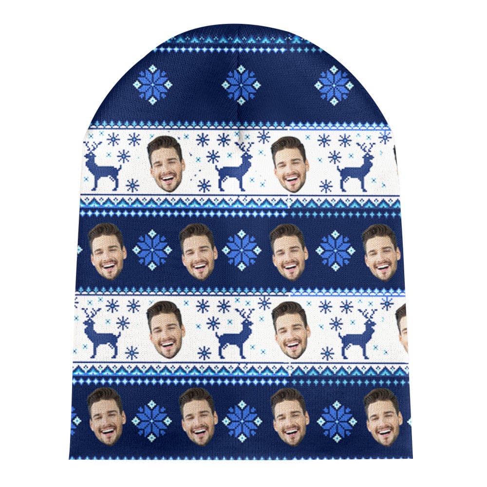 Close-up of high-resolution custom face print on soft knit beanie demonstrating clear personalised photo printing