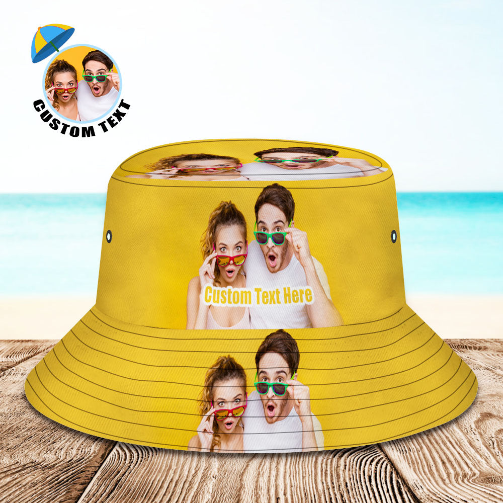 Unisex all-over print personalised bucket hat with custom text, foldable design and breathable fabric providing UV sun protection for travel and festivals