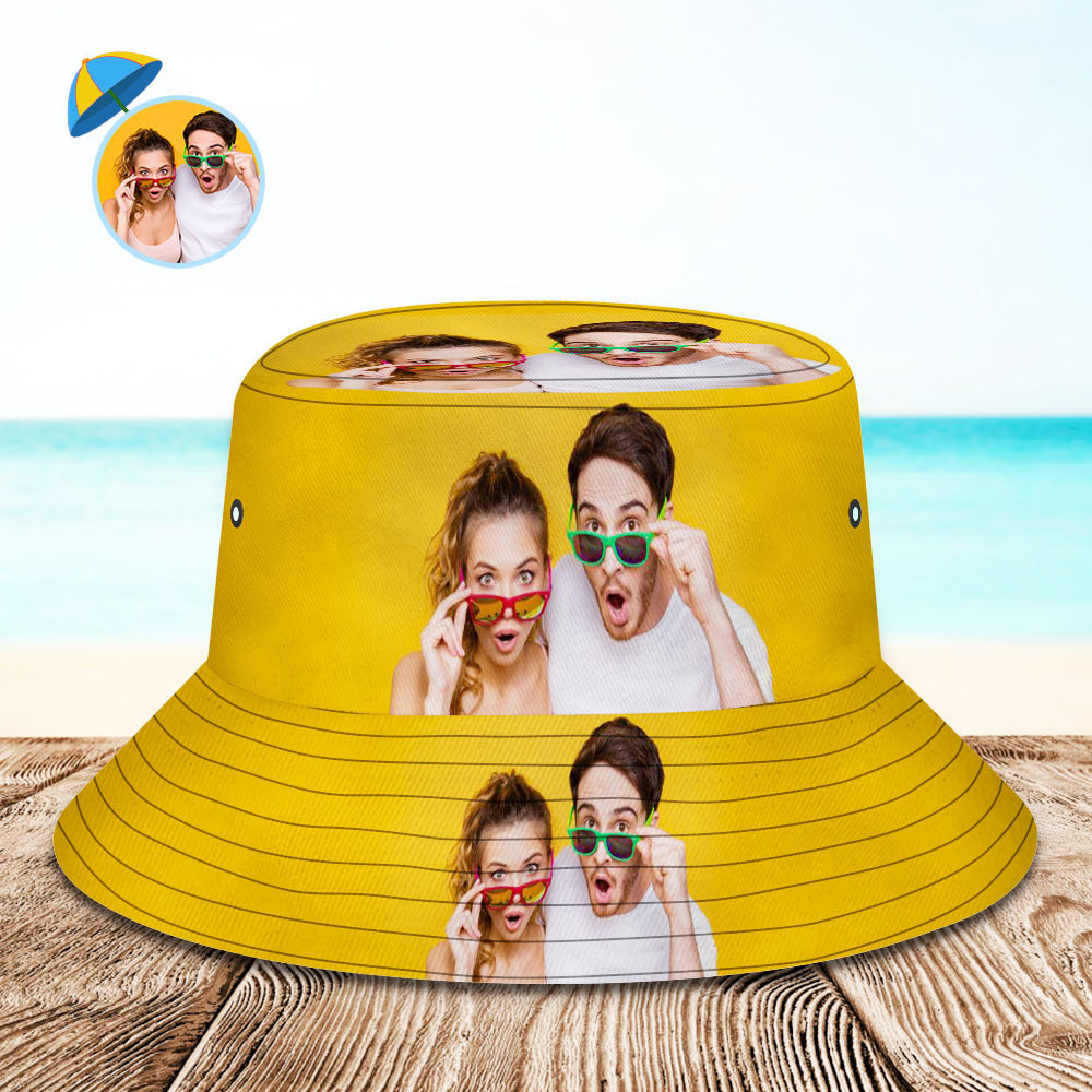 Side view of personalised bucket hat showing classic foldable brim, flattering three-dimensional shape and comfortable, breathable material