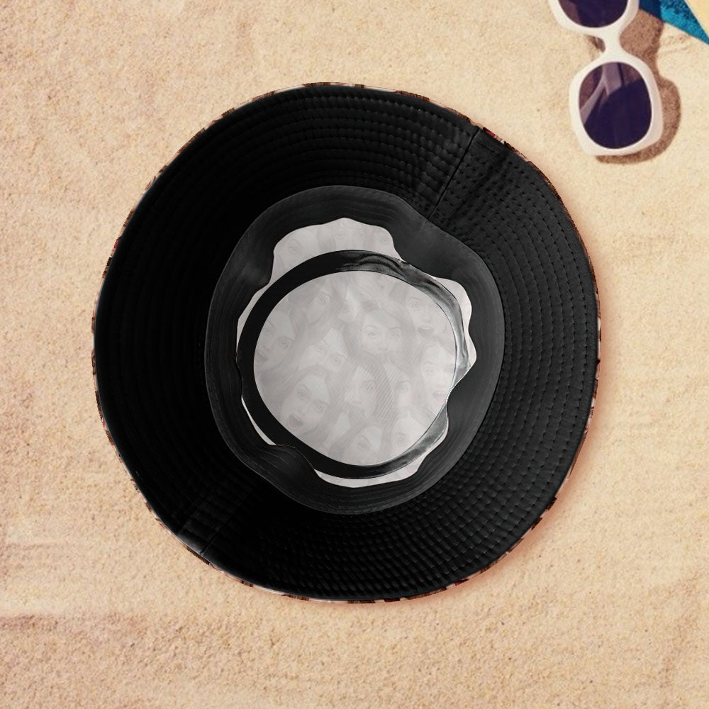 Lifestyle shot of personalised photo purple bucket hat on a beach setting – custom fisherman hat ideal for camping, hiking and outdoor events