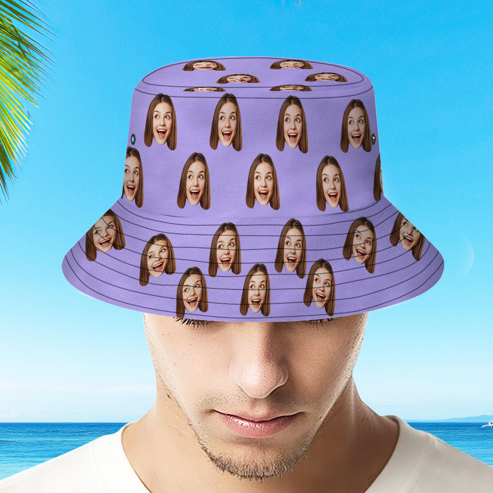 Model wearing custom photo face purple fisherman hat – personalised bucket hat styled for beach, festival and everyday outdoor wear with UV protection