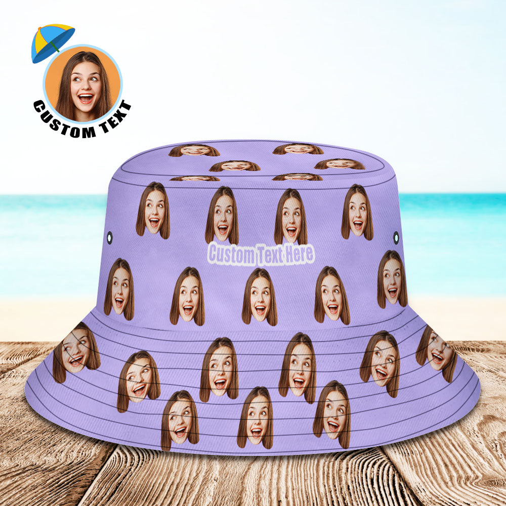Side view of personalised purple fisherman bucket hat with bespoke face photo print, classic three-dimensional shape and breathable polyester twill