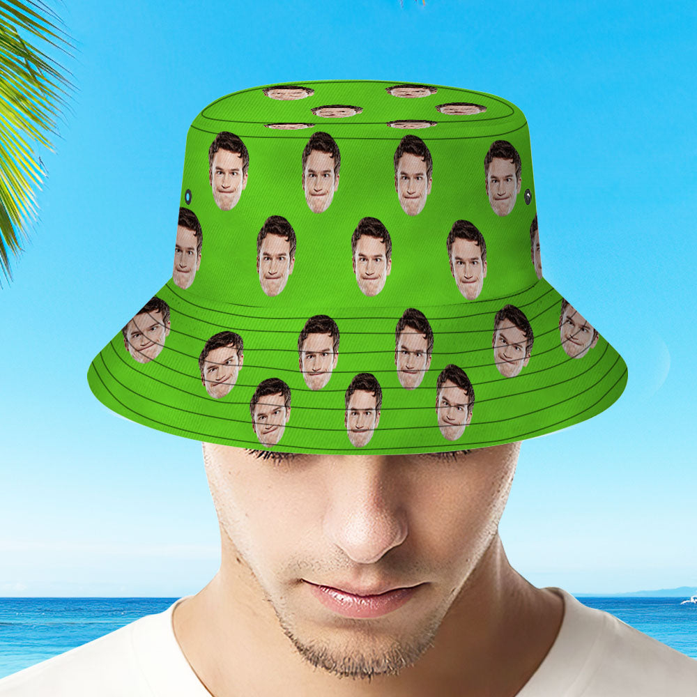 Close-up of custom photo print on green personalised bucket hat – vibrant full-frame printing on polyester twill material