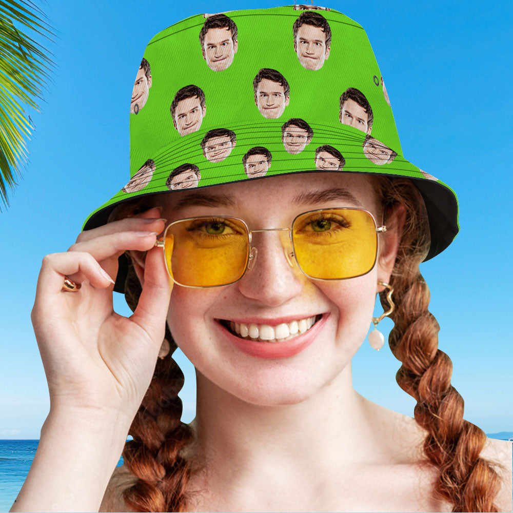 Foldable green personalised photo face bucket hat packed flat – travel-friendly custom fisherman hat for beach, camping and festivals