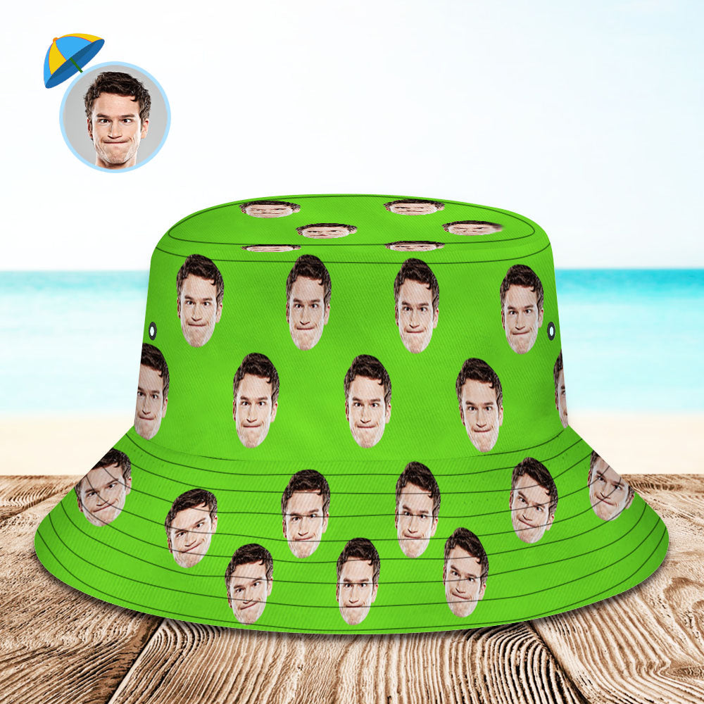 Personalised photo face bucket hat in green – front view of custom fisherman hat with edge-to-edge photo printing for summer sun protection