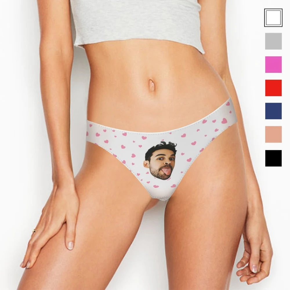 Front view of personalised face thong with custom photo and little heart motif — low-waist women's panties, 6 colours available, perfect gift for her