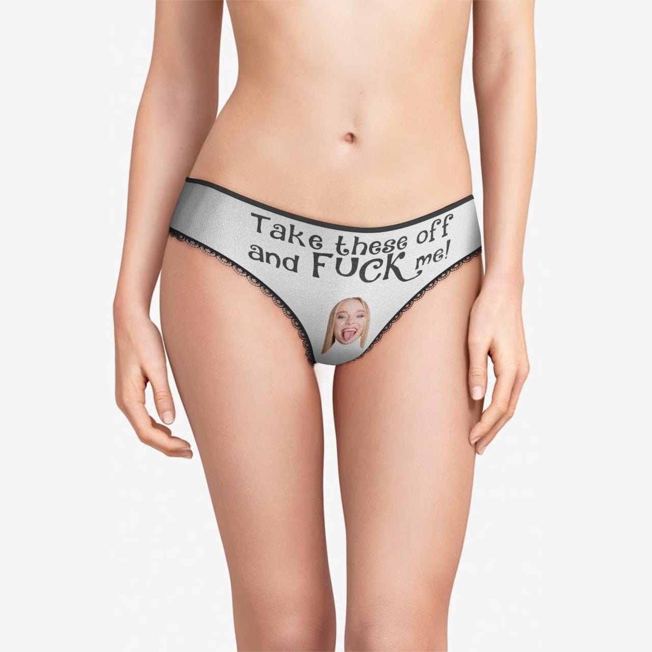 Close-up of white personalised face panties highlighting vibrant print quality and soft elastic waistband — great funny gift for wife or girlfriend