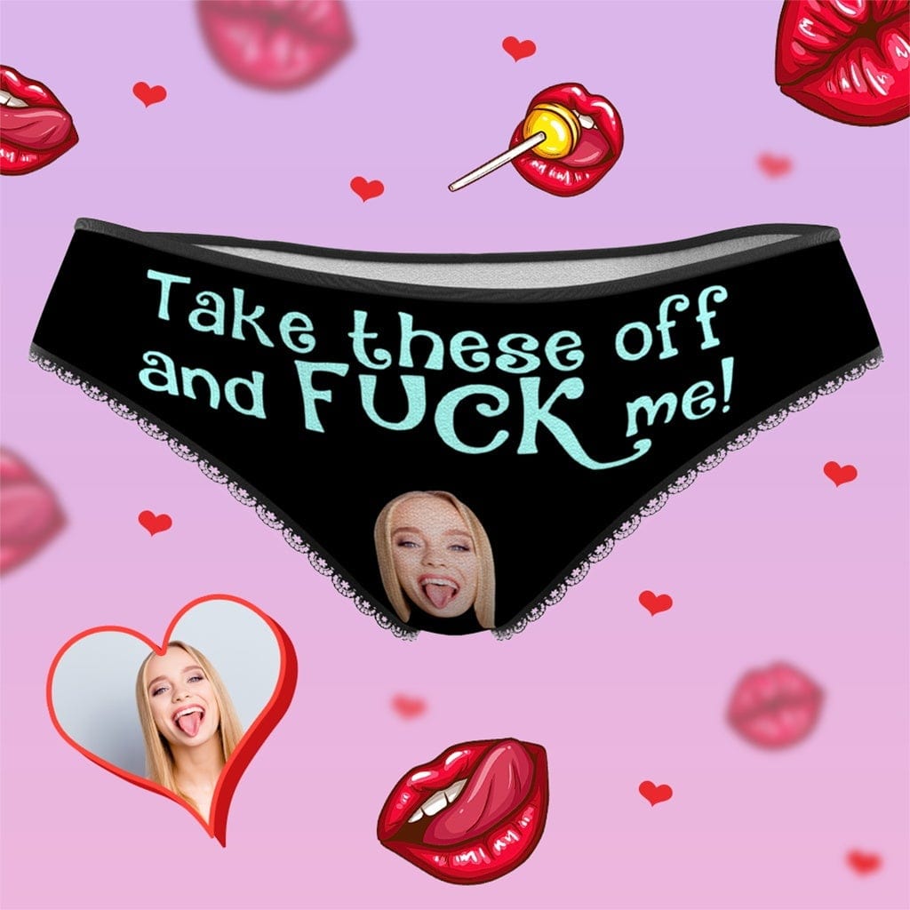 Black custom face panties laid flat displaying centred cropped face print and comfortable fit — unique personalised face gift for women