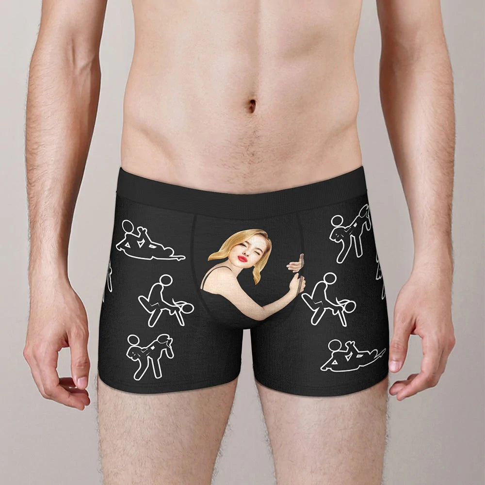 Flat-lay of personalised boxer shorts featuring centred cropped face print and cosy fleece finish, funny personalised face gift for boyfriend