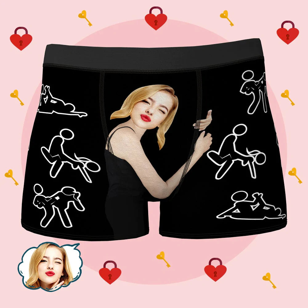 Close-up of personalised face boxer showing soft elastic waistband and vivid sublimation print, personalised photo gift for husband