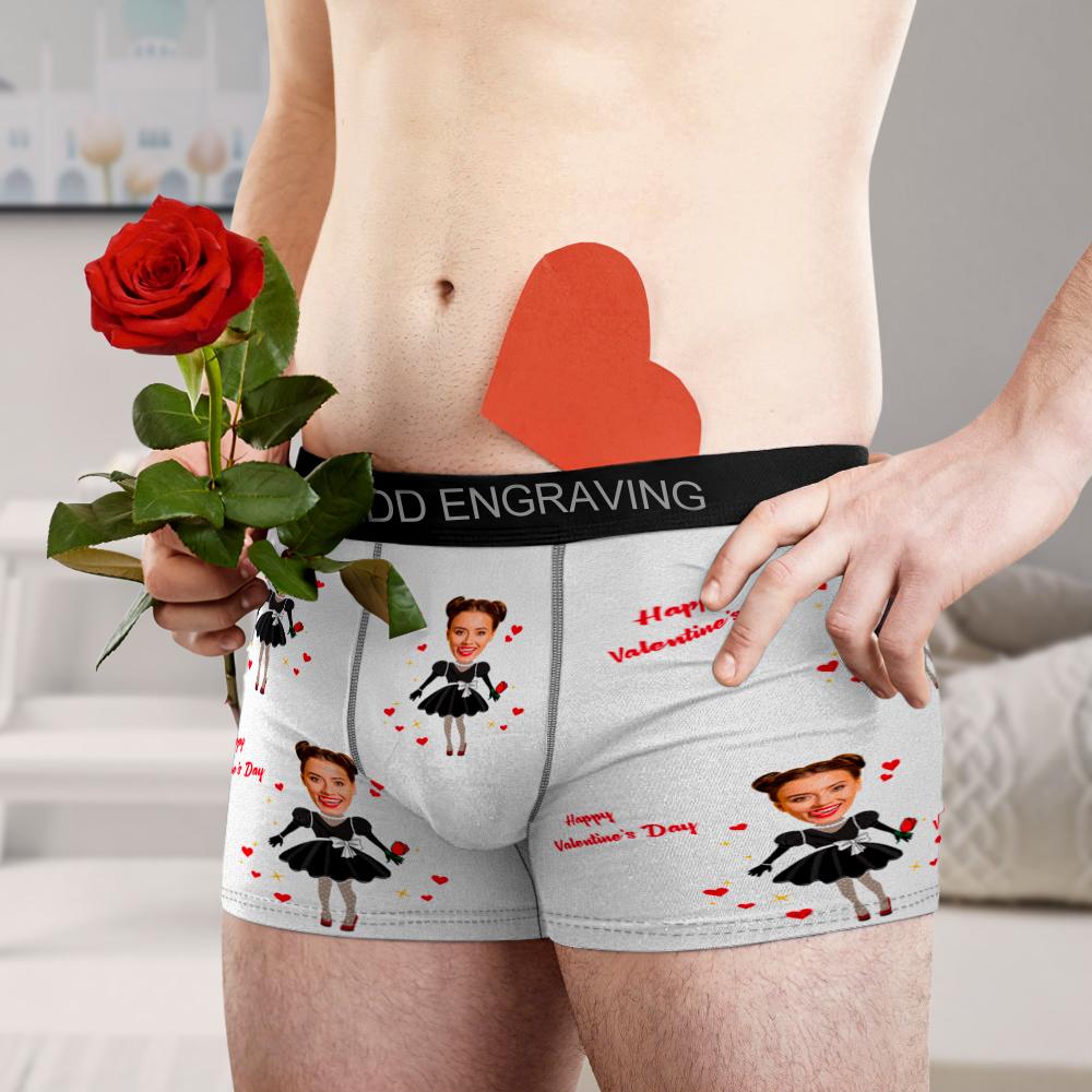 Two-sided full-colour print example on personalised men's boxer showing print placement and heart-face alignment for custom gifts