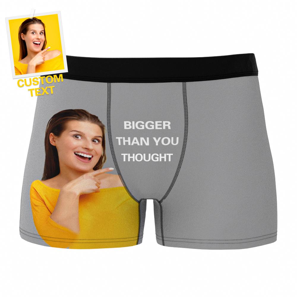 Close‑up of personalised boxer briefs highlighting vivid heat‑transfer photo print, soft stretch fabric and secure elastic waistband for comfortable fit