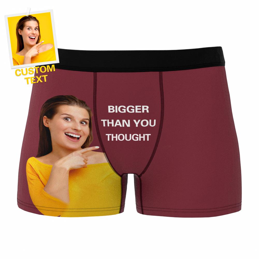 Folded personalised boxer shorts showing all‑over custom photo and text design on breathable, lightweight fabric — ideal personalised photo gift