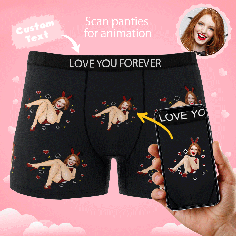 Personalised Photo Boxer - Bunny Girl men's boxers with custom face print and AR view, perfect Valentine's gift for boyfriend