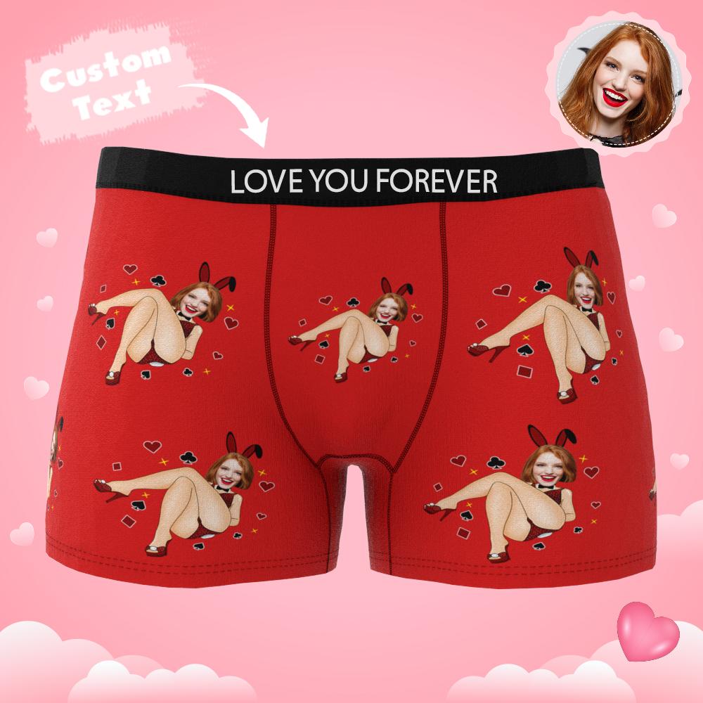 Multiple-angle shots of personalised Bunny Girl men's boxers — displays print wrap, fit and elastic waistband details