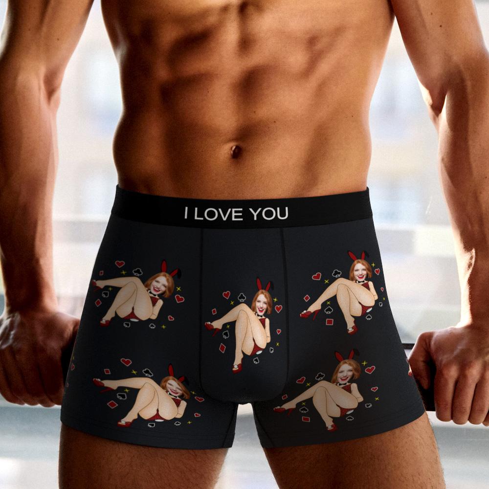 Flat-lay of personalised Bunny Girl men's boxers with custom photo — shows print placement, waistband and comfortable fit, ideal Valentine's gift